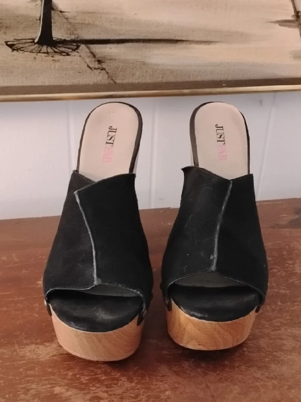 JustFab Black Studded Suede Platform Mules with Wood-Look Heel